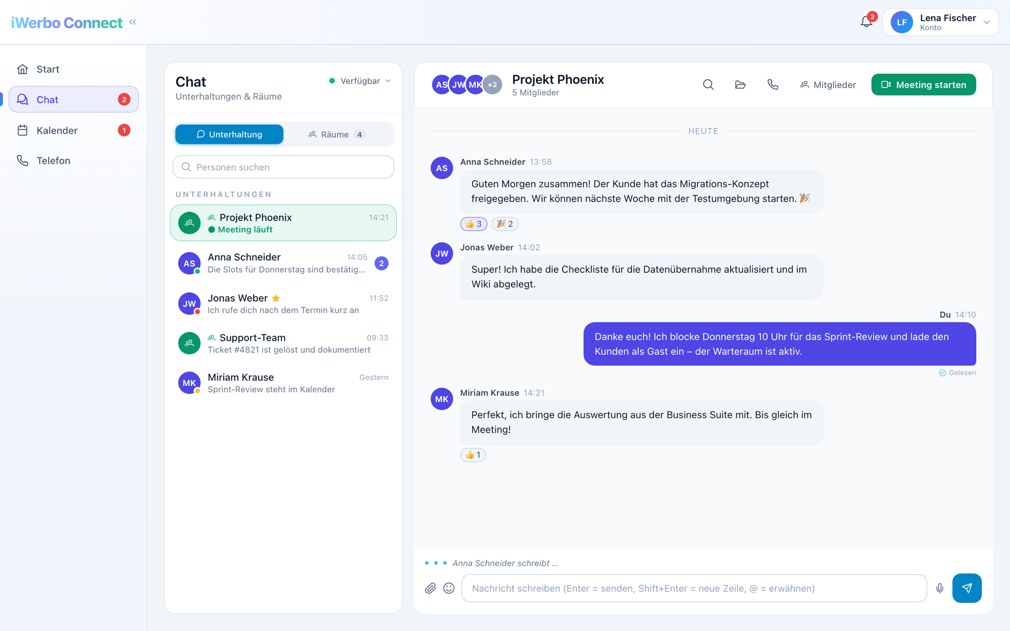 iWerbo Connect Team-Chat mit Räumen, Präsenz und laufendem Meeting (Demo-Daten)