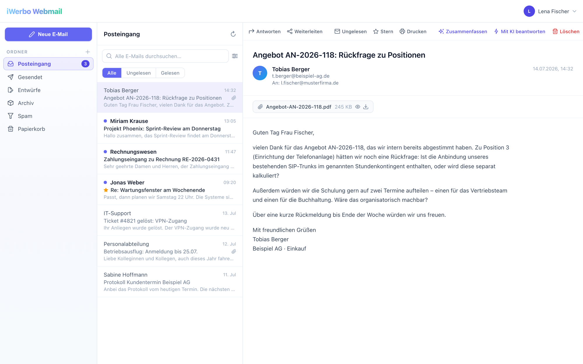 iWerbo Webmail mit Ordnern, Suche und KI-Aktionen „Zusammenfassen“ und „Mit KI beantworten“ (Demo-Daten)